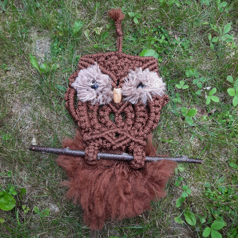 Vintage MCM Handmade Brown Owl 3D Macrame Rope Wall Hanging Tapestry Art